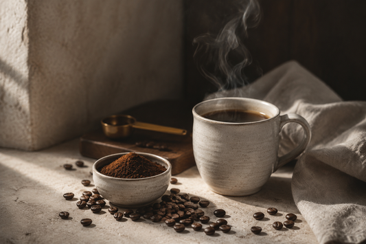 Freshly ground coffee and a steaming cup in warm window light