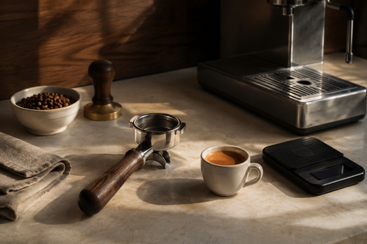 Home espresso setup with portafilter, scale and espresso cup