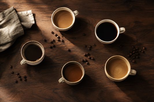 Five distinct coffees arranged on a warm walnut table