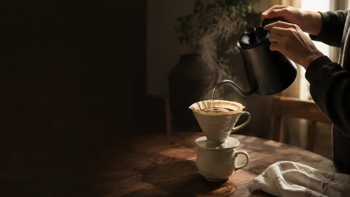 Pour-over specialty coffee ritual in warm morning light